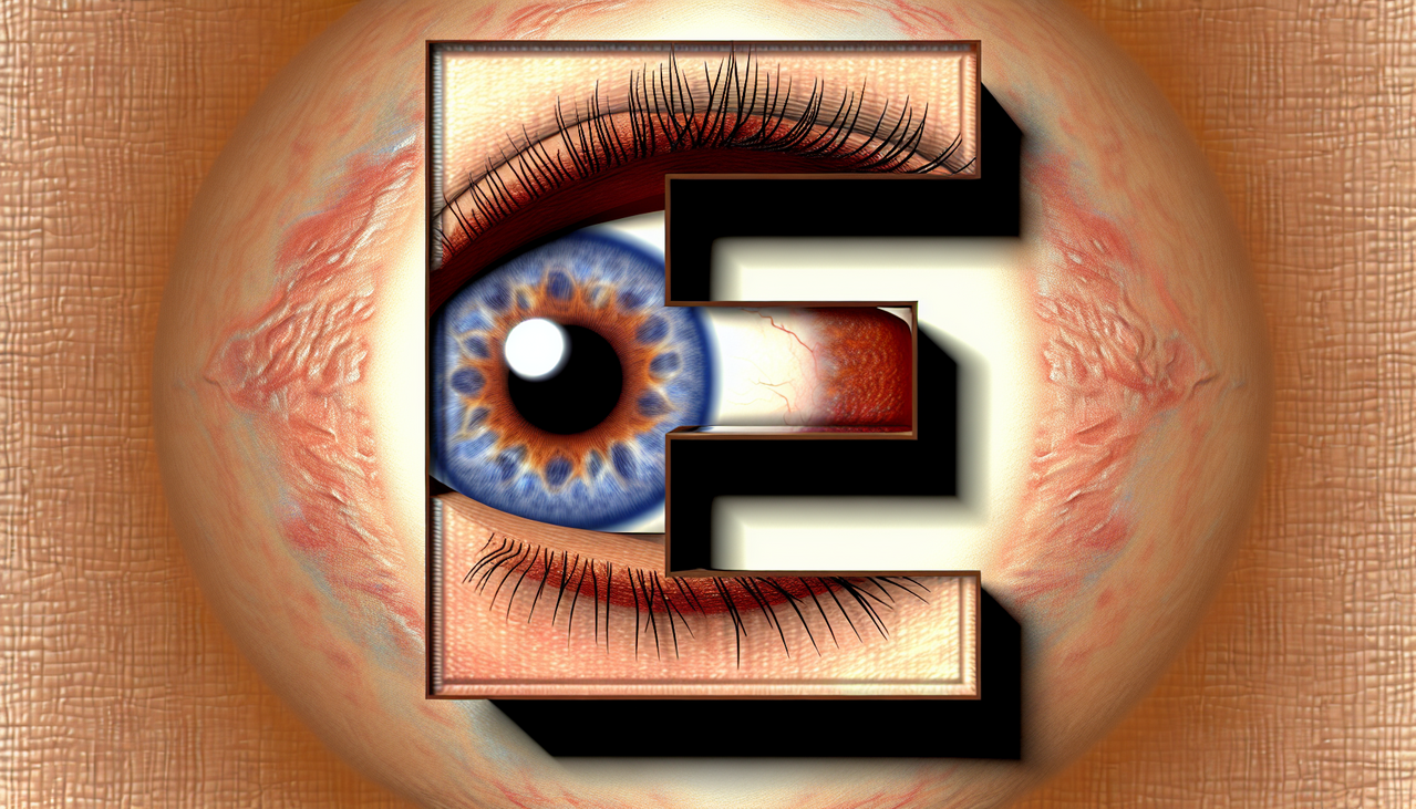 Illustration d'un œil humain intégré dans la lettre E, avec textures et reflets réalistes, dans le cadre de l'article "Partie du corps en E". Fond subtilement texturé, éclairage naturel, ombres douces, palette de couleurs vibrantes, haute résolution.