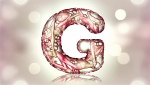 Partie du corps en G. Anatomie complexe et élégante représentée par des éléments organiques en transparence, entrelacés artistiquement : os, muscles et veines. Couleurs douces et délicates pour une composition esthétique et harmonieuse. Fond lumineux et légèrement réfléchissant pour mettre en valeur les détails délicats de la lettre "G". Résolution optimisée pour un rendu réaliste et attractif.