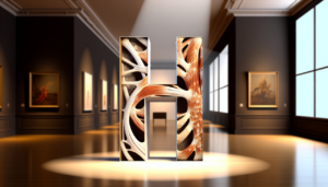 Une représentation détaillée en sculpture d'une partie de corps en forme de "H" avec des textures osseuses et musculaires, éclairée dans une galerie d'art tamisée, pour une ambiance accueillante.