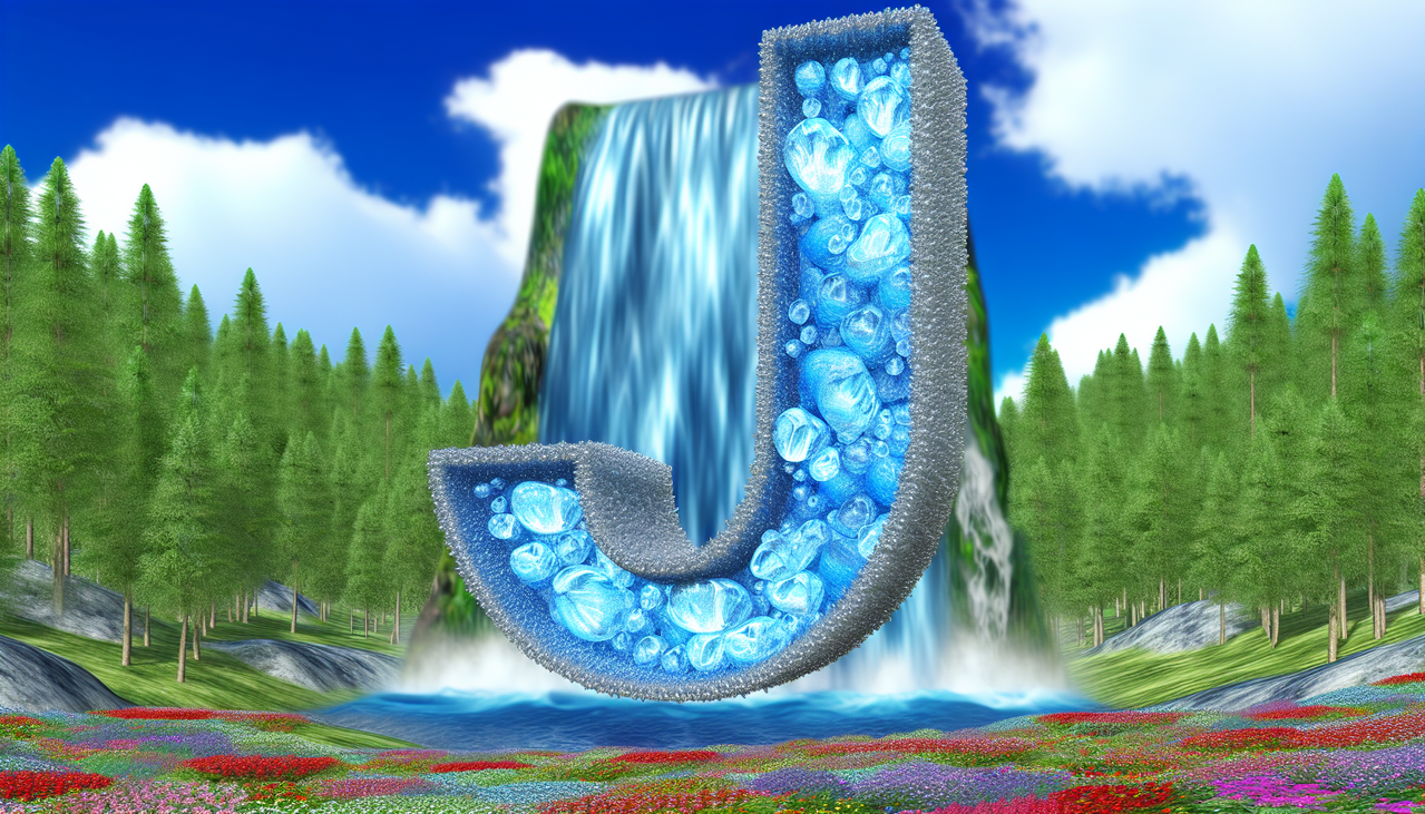 Partie du corps en J, lettre formée par l'eau bleue scintillante d'une cascade entourée d'une forêt verte et de fleurs colorées.