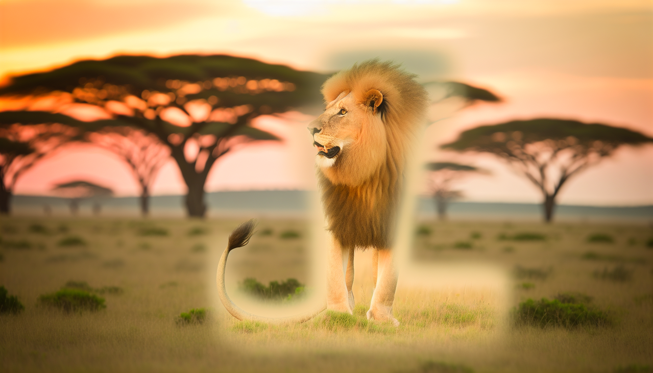 Partie du corps en L : Lion majestueux, crinière au vent, sur fond de savane dorée.