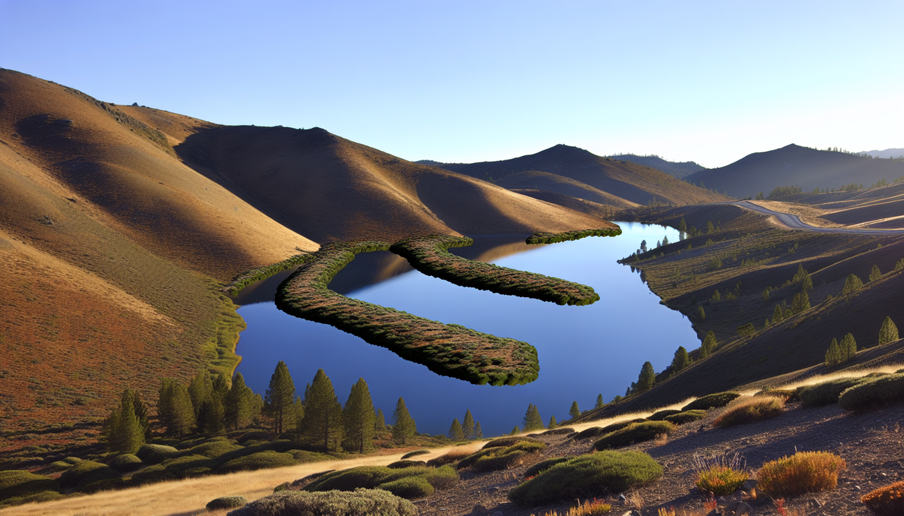 Partie du corps en N: paysage tranquille aux collines en forme de lettre "N", avec lac serein et montagnes majestueuses. Optimal pour Google Images.