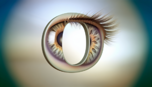Illustration détaillée d'un œil humain formé par une multitude de "O", avec des motifs d'iris et des cils bien définis, sur fond doux et floué pour mettre en valeur les couleurs, avec une résolution élevée et une profondeur de champ pour un effet 3D. Éclairage avancé pour un aspect naturel et dynamique, avec une légère vignette pour encadrer subtilement le sujet.