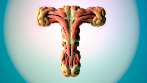 Anatomie T, fusion organique artistique avec douces textures de peau, muscle et os sur fond pastel flou. Haute résolution, effet de profondeur de champ pour mettre en avant le T.