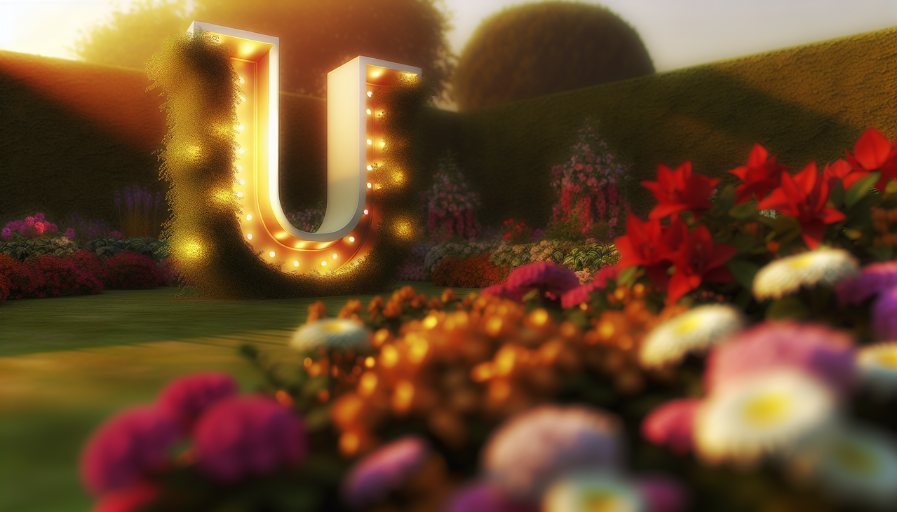 Partie du corps en U - Un jardin serein avec un éclairage doux et chaud mettant en valeur une lettre U en trois dimensions entourée de fleurs éclosantes aux couleurs diverses. Bokeh crémeux en arrière-plan.
