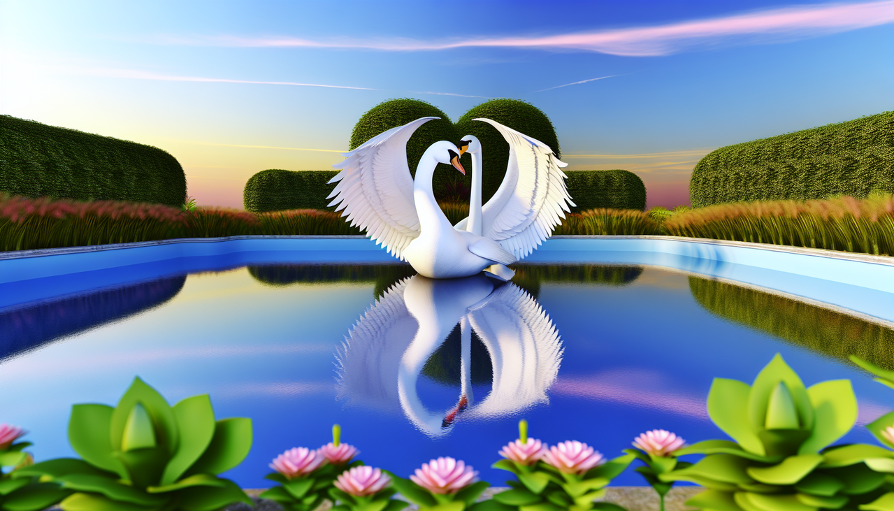 Swan in V shape on serene blue lake with reflections, framed by green foliage and flowers. Warm golden lighting enhances realism and fine feather details.
