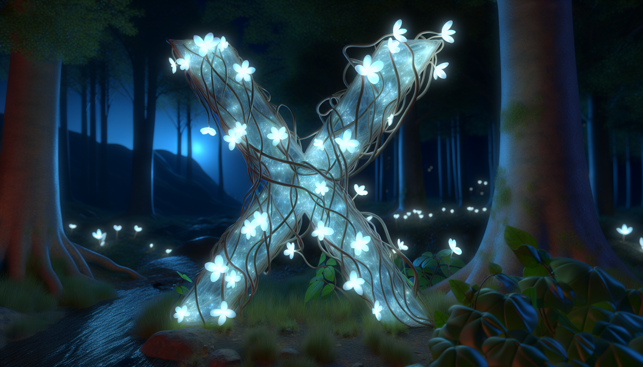 Une représentation captivante en image d'une partie du corps en X avec des éléments lumineux et floraux bioluminescents, sur fond de forêt mystique et éclairée par le clair de lune.