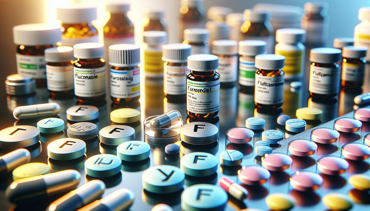 Médicament en F sur surface réfléchissante, avec noms comme Fluconazole, Furosemide, Fluticasone, diversité formes, couleurs, textures.