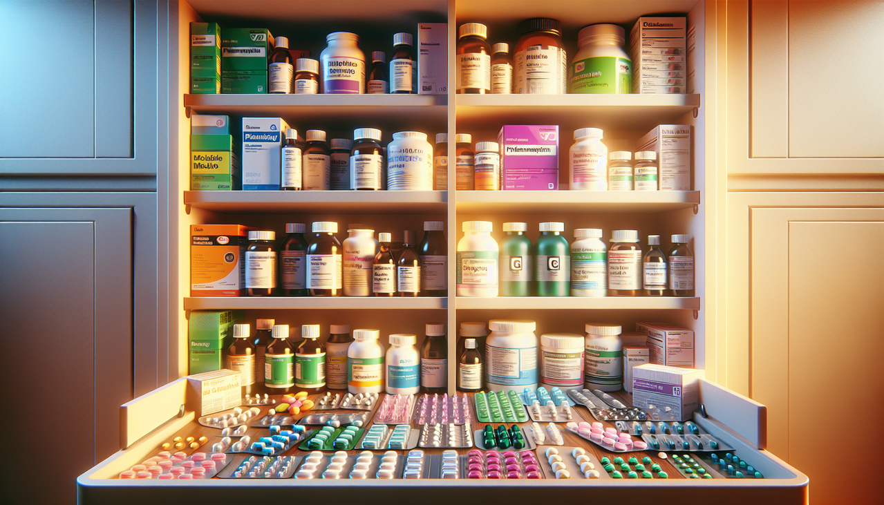 Afficher une armoire à pharmacie avec des médicaments commençant par 'G', mise en valeur.