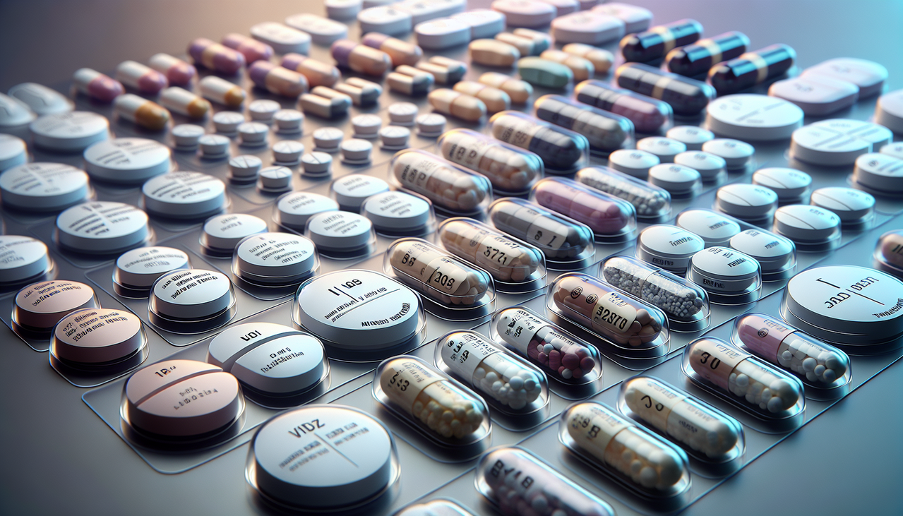 Tablette medicaments lettré I organizé sur surface en verre avec variations focus & éclairage naturel.