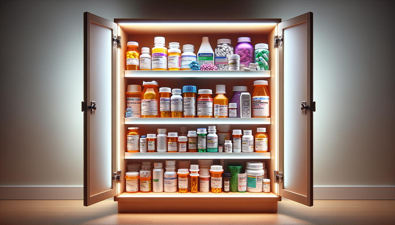 Médicament en J dans armoire à pharmacie bien rangée, avec bouteilles de Josacine, Jasmine, Januvia.