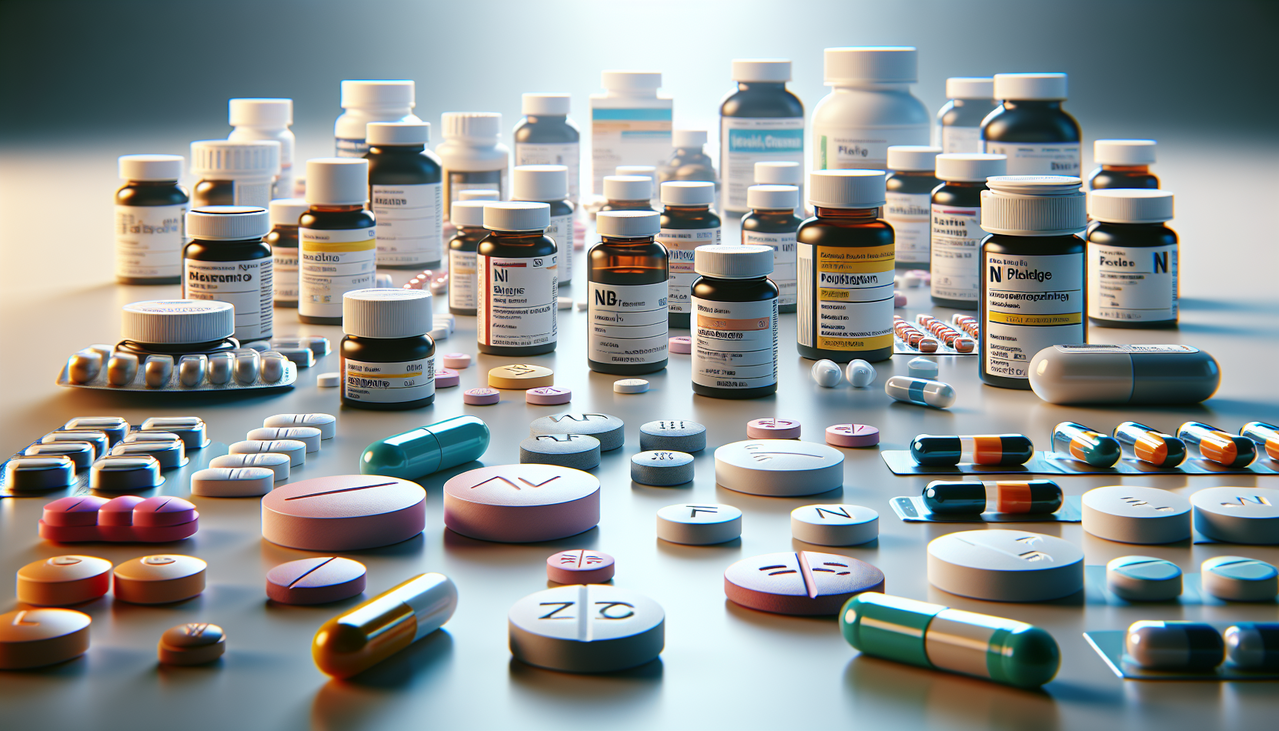 Médicaments en N variés sur fond blanc avec mises en avant des noms commençant par N.