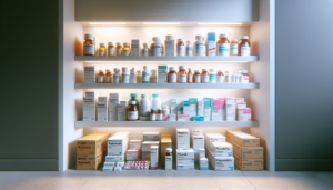 Médicaments en P variés sur une étagère de pharmacie bien éclairée.
