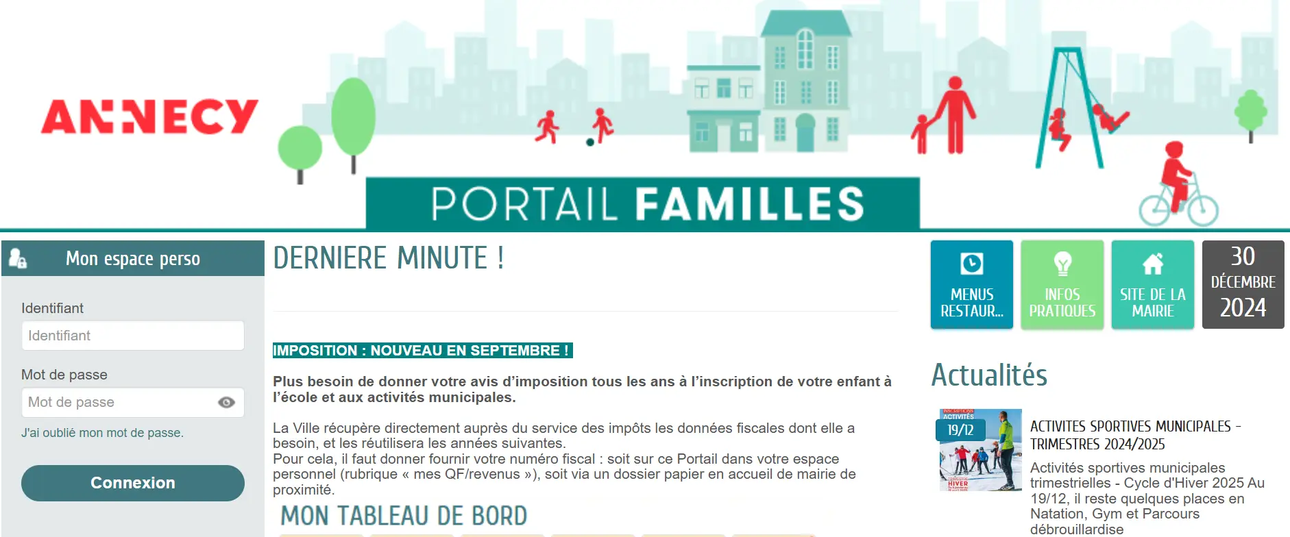 Capture d'écran du portail famille de Meudon pour gérer inscriptions et activités