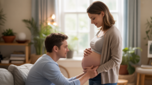 Un couple attend un bébé dans une atmosphère naturelle et sereine, la future mère sourit en touchant son ventre pendant que son partenaire la regarde tendrement dans un intérieur authentique et lumineux.