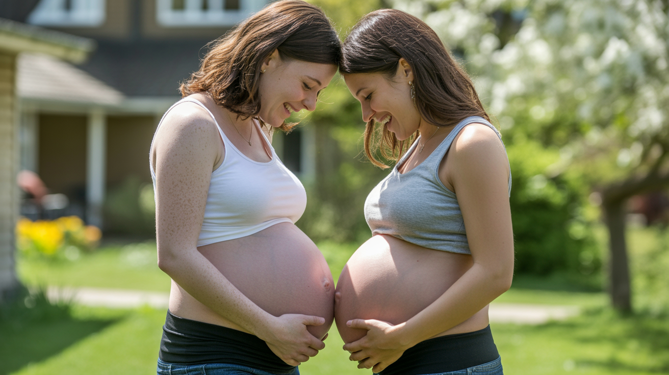 Deux sœurs enceintes dans un jardin ensoleillé, souriantes et discutant ensemble, symbolisant le lien familial lié aux grossesses gémellaires, dans une scène naturelle et réaliste.
