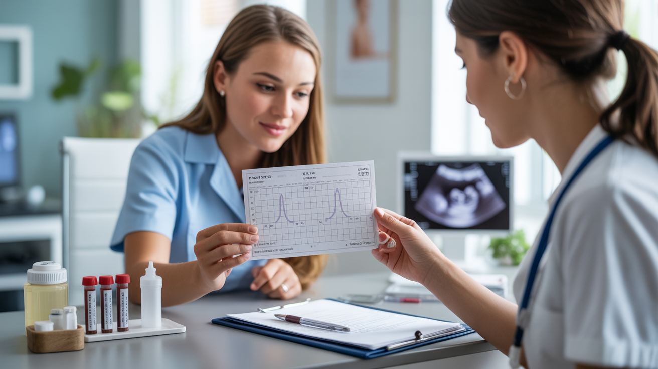 Consultation médicale réaliste montrant une professionnelle de santé expliquant des résultats de test HCG suggérant une grossesse gémellaire précoce.