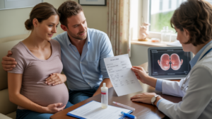 Scène réaliste dans un cabinet médical où un couple discute avec un médecin des taux d’hormone HCG en début de grossesse, avec des éléments suggérant une possible grossesse gémellaire.
