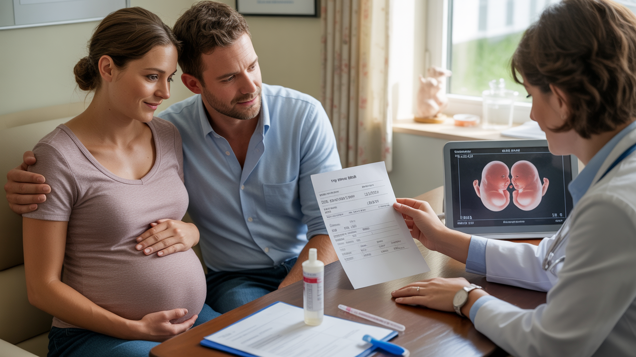 Scène réaliste dans un cabinet médical où un couple discute avec un médecin des taux d’hormone HCG en début de grossesse, avec des éléments suggérant une possible grossesse gémellaire.