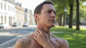 Personne réaliste touchant son cou dans un environnement naturel, évoquant une réflexion intérieure et la symbolique spirituelle liée à la parole.