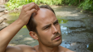 Personne réaliste en plein air touchant doucement son cuir chevelu, semblant réfléchir à la signification émotionnelle et spirituelle de cette sensation.