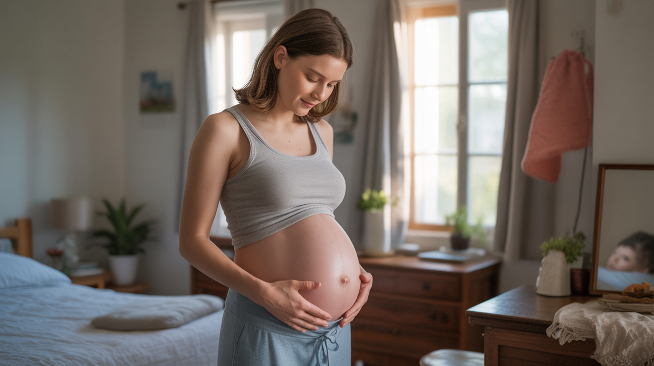 Femme enceinte d’un mois attendant des jumeaux, dans une chambre naturelle et lumineuse, touchant doucement son ventre encore discret.