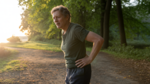 Personne dans une forêt au lever du soleil touchant doucement sa hanche avec une expression introspective.