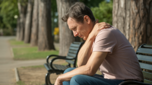 Personne assise dans un parc tenant sa nuque et son épaule avec un air pensif, illustrant un lien entre tension physique et charge émotionnelle.