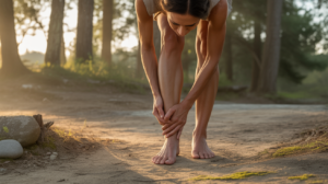 Femme marchant pieds nus au lever du soleil dans une forêt réaliste, observant son pied gauche avec une attitude calme et introspective.