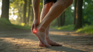 Homme en forêt levant doucement son pied droit au lever du soleil, exprimant une réflexion intérieure liée à une douleur au talon.
