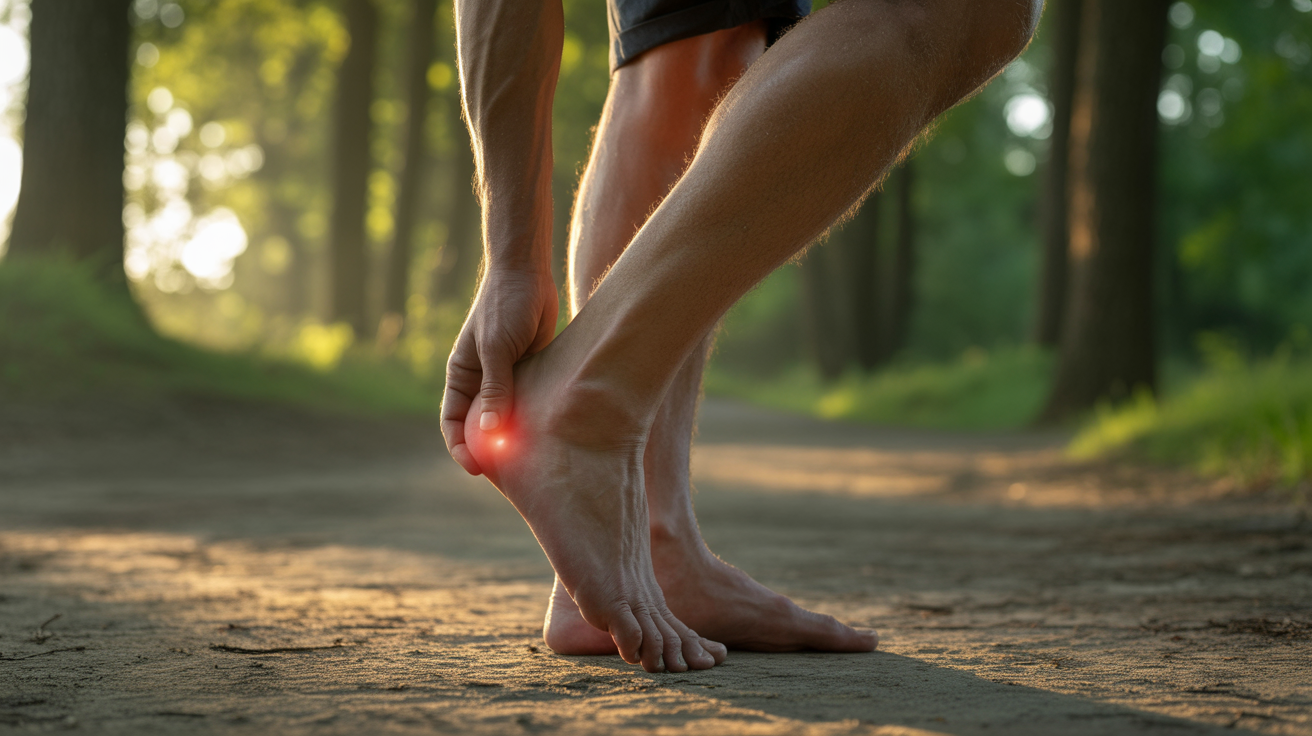 Homme en forêt levant doucement son pied droit au lever du soleil, exprimant une réflexion intérieure liée à une douleur au talon.