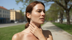 Femme touchant le côté gauche de son cou dans un environnement naturel, exprimant une introspection spirituelle.