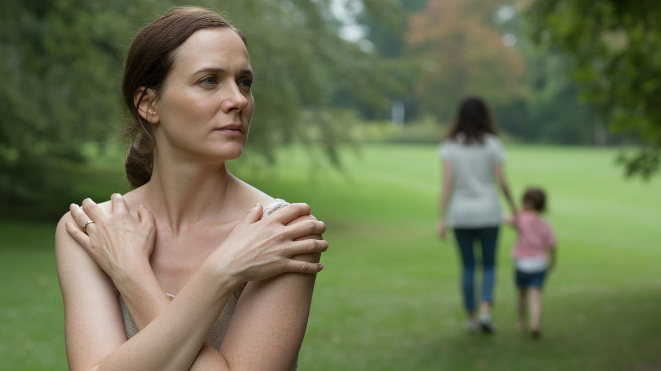 Femme touchant son omoplate gauche dans un parc réel, réfléchissant avec en arrière-plan une mère et son enfant évoquant une symbolique maternelle.