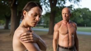 Personne touchant son omoplate droite dans un parc réaliste, avec une présence masculine en arrière-plan symbolisant la figure paternelle et l’autorité.