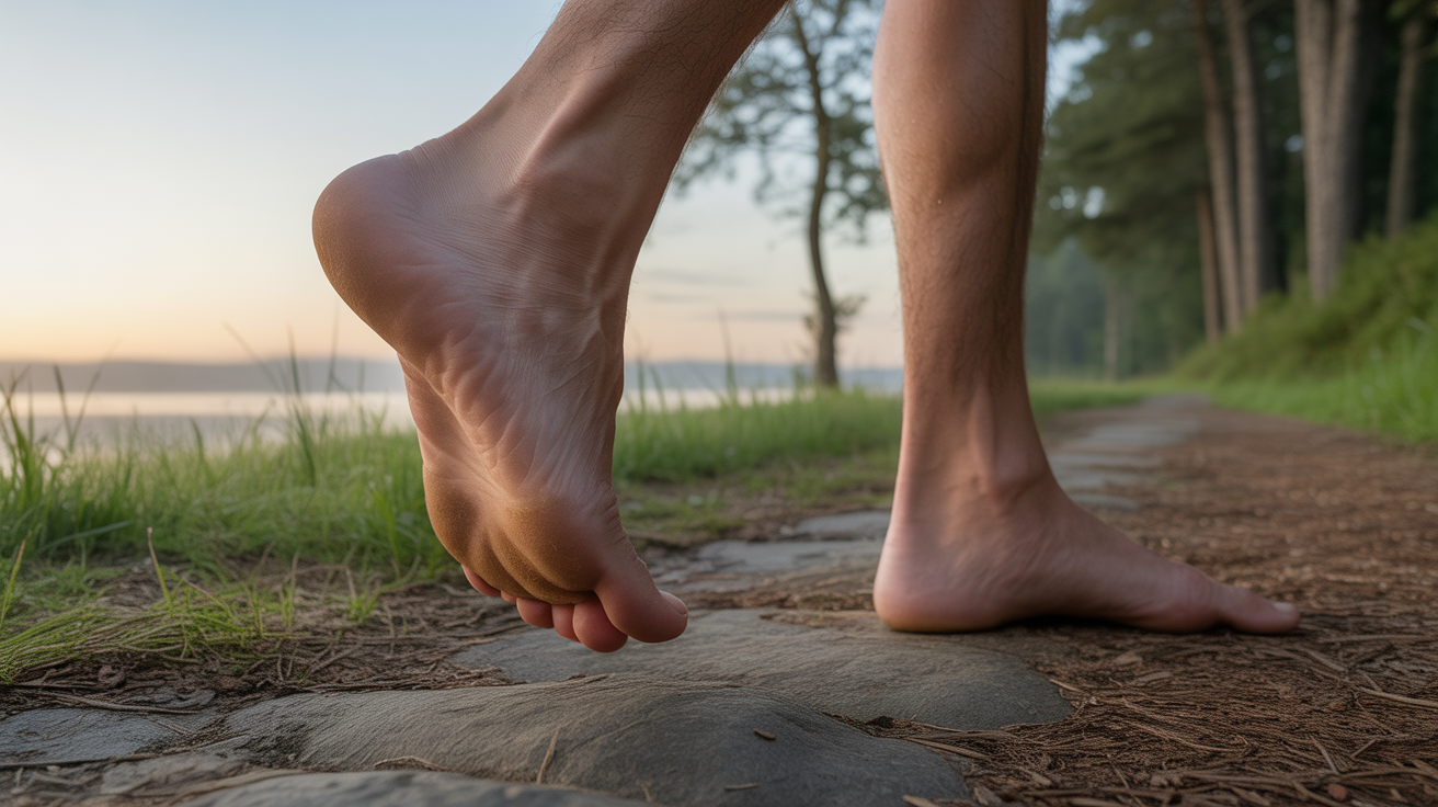 Personne debout pieds nus au lever du soleil, levant légèrement le pied comme ressentant une douleur subtile, dans un décor naturel réaliste évoquant une réflexion intérieure.