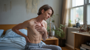 Personne réaliste assise dans une chambre naturelle, touchant différentes zones de son corps avec une expression introspective, symbolisant le lien entre douleurs physiques et émotions.