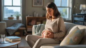 Femme en début de grossesse gémellaire assise dans un salon lumineux, tenant son ventre avec une expression de léger inconfort, dans une scène réaliste et naturelle.