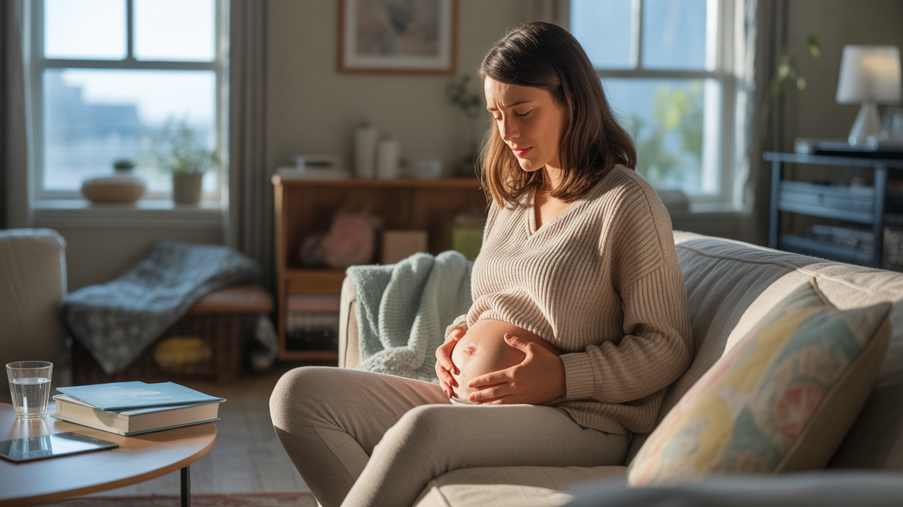Femme en début de grossesse gémellaire assise dans un salon lumineux, tenant son ventre avec une expression de léger inconfort, dans une scène réaliste et naturelle.
