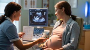 Scène réaliste d'une femme enceinte en consultation médicale avec une échographie de jumeaux et un professionnel de santé expliquant un tableau de taux HCG.