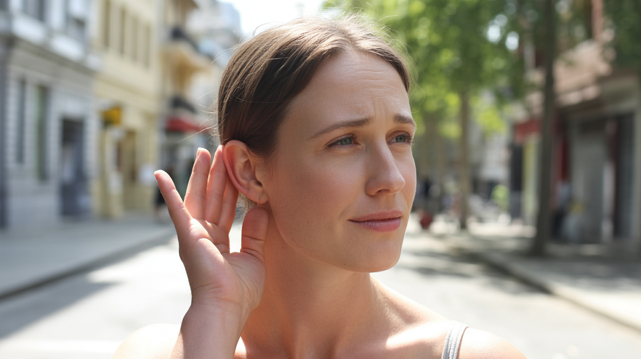 Personne réaliste en extérieur touchant doucement son oreille dans un moment d'écoute intérieure, dans un décor naturel et authentique.