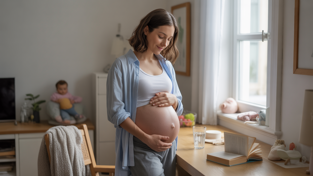 Femme enceinte se tenant près d’une fenêtre dans un intérieur authentique et lumineux, exprimant douceur et anticipation.