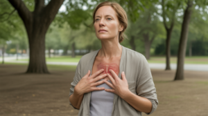 Femme dans un parc touchant légèrement sa poitrine à travers ses vêtements, dans une scène réaliste et naturelle évoquant une introspection spirituelle.