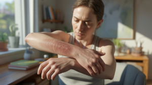 Personne réaliste touchant son avant‑bras dans un moment d’introspection, dans un intérieur naturel et lumineux.