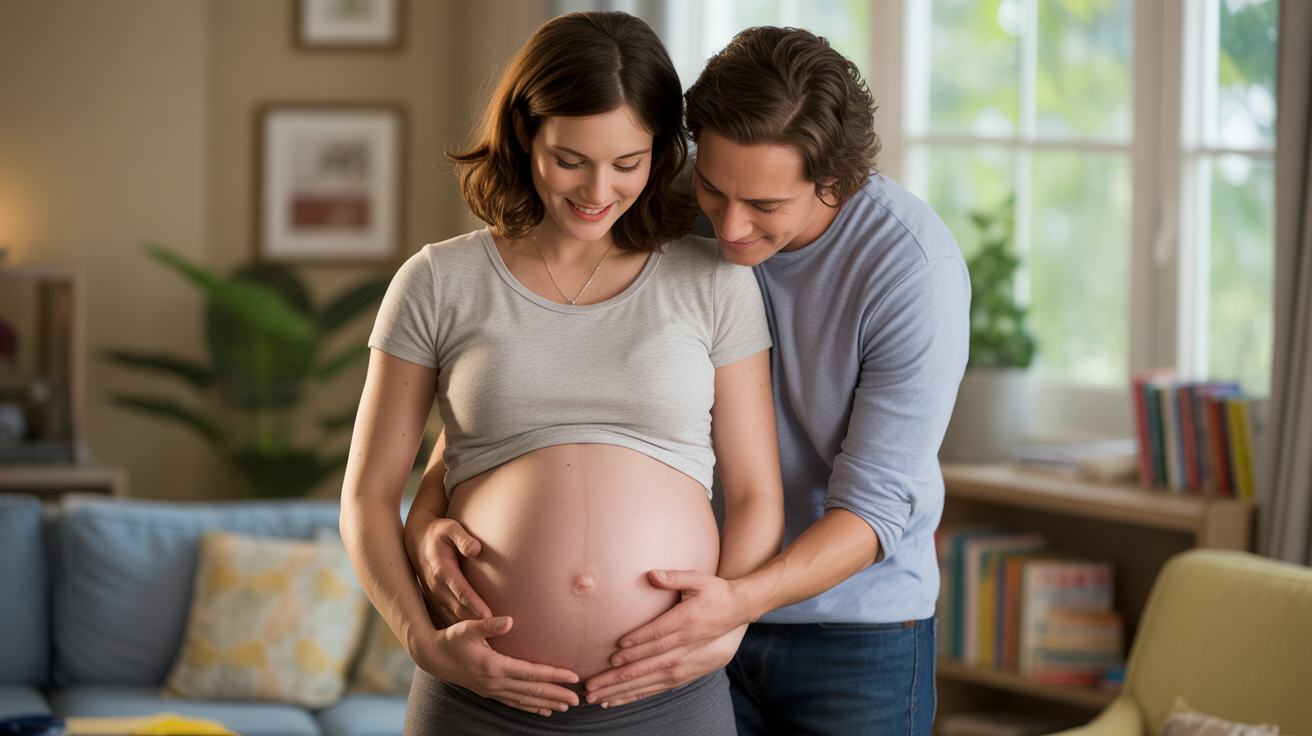 Femme enceinte de jumeaux dans un intérieur chaleureux, tenant son ventre tandis que son partenaire l’accompagne, scène réaliste et naturelle.