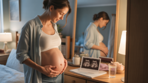 Scène réaliste d’une femme enceinte de six semaines observant son ventre légèrement arrondi devant un miroir, avec une échographie de jumeaux posée sur une commode dans une chambre chaleureuse et naturelle.