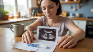 Scène réaliste d’une femme découvrant un test de grossesse positif et une échographie suggérant des jumeaux dans une cuisine lumineuse et naturelle.
