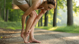 Femme touchant son talon gauche en pleine forêt au lever du soleil, exprimant une connexion intérieure et un moment d’introspection.