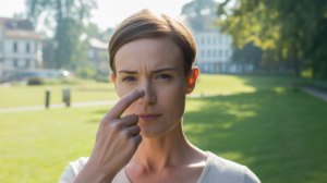 Personne dans un parc au lever du soleil touchant doucement son nez avec une expression introspective, symbolisant l’intuition et la sensibilité intérieure.