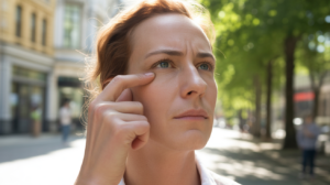 Personne touchant légèrement son œil dans une scène extérieure réaliste, exprimant un moment d’intuition lié à la vision et à la spiritualité.