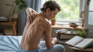 Personne assise au bord d’un lit, observant ses tensions corporelles dans une scène réaliste et naturelle symbolisant le lien entre émotions et maux du corps.